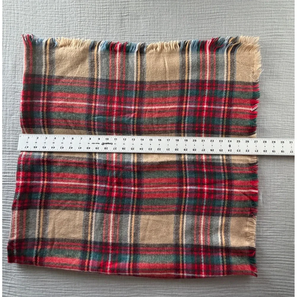 Tan Red Green Plaid Square Blanket Scarf Oversized Fringe Shawl Wrap Wrap